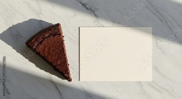 Fototapeta Flat lay of cake slice on marble table with blank thank-you card, elegant branding composition