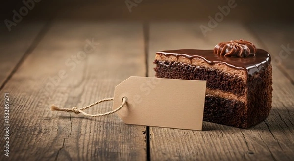 Fototapeta Cake slice on table with a blank kraft paper tag and ribbon, packaging mockup with rustic charm