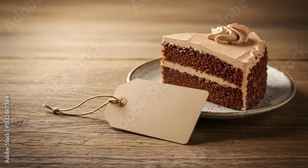 Fototapeta Cake slice on table with a blank kraft paper tag and ribbon, packaging mockup with rustic charm