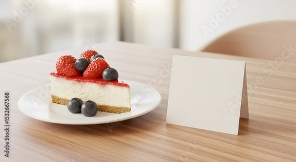 Fototapeta Dessert café scene with cake slice and blank tent card for branding or menu presentation