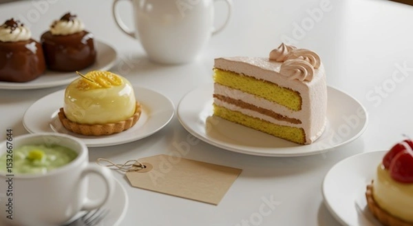 Fototapeta Flat lay of dessert table with cake slice and empty price tag, high-angle clean stock photography style