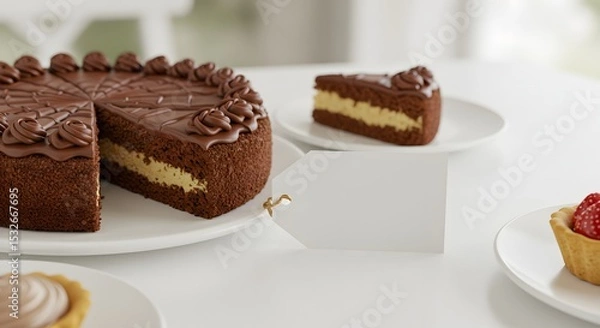 Fototapeta Flat lay of dessert table with cake slice and empty price tag, high-angle clean stock photography style