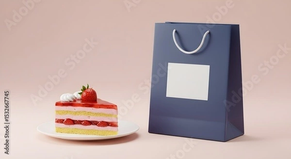 Fototapeta Cake slice beside branded gift bag with blank label, festive dessert mockup for marketing visuals