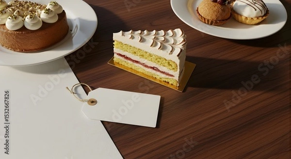Fototapeta Flat lay of dessert table with cake slice and empty price tag, high-angle clean stock photography style