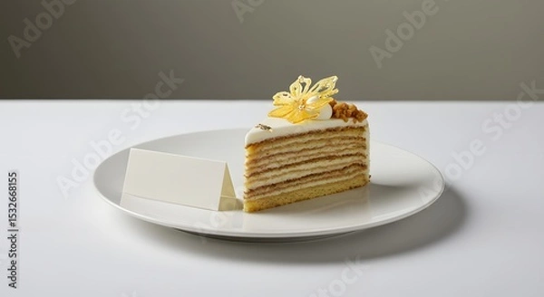 Fototapeta Elegant dessert plate with cake slice and blank place card, styled for upscale restaurant branding