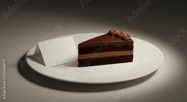 Fototapeta Elegant dessert plate with cake slice and blank place card, styled for upscale restaurant branding