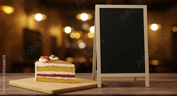 Fototapeta Cake slice on cutting board with editable chalkboard sign in background, cozy café setting