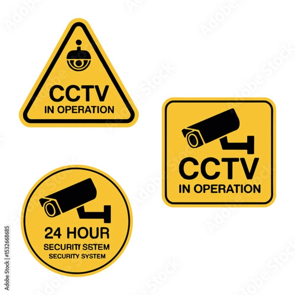 Fototapeta CCTV in Operation Sign Set – 24 Hour Surveillance Warning Vector Icons