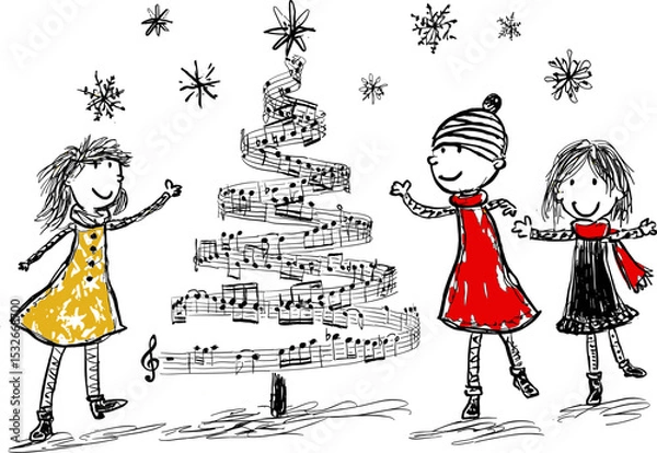 Obraz Whimsical illustration of kids and a Christmas tree made of musical notes. Vector illustration on white