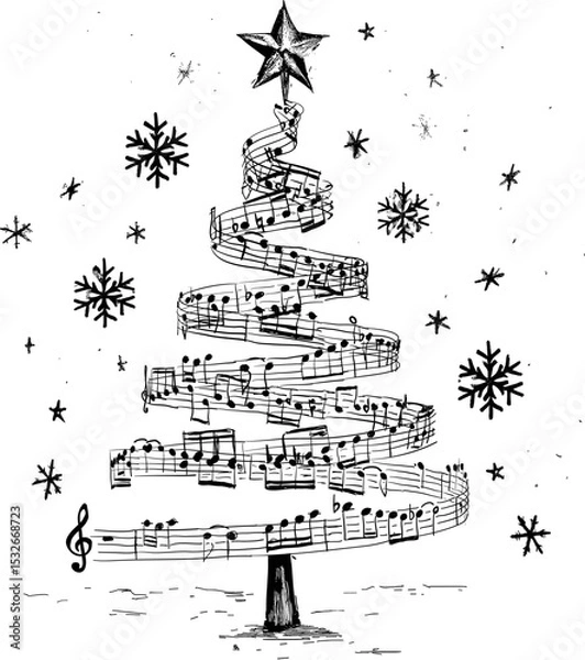 Obraz Black and white hand-drawn illustration of a Christmas tree made of music notes. Vector illustration on white
