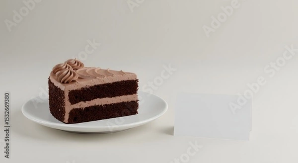 Fototapeta Single slice of cake on a white plate with blank business card next to it, minimalist background, branding mockup style