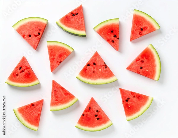 Fototapeta Sliced watermelon wedges arranged on a clean white surface, top-down view