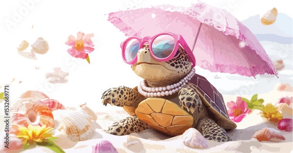 Obraz Easter bunny with eggs on a beach with seashells and ocean