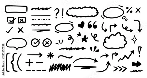 Fototapeta Hand drawn arrows doodles vector. Set of hand drawn arrows scribble doodles, lines, pointers, rectangle, circles, check box, dividers, stars, heart, quotations etc