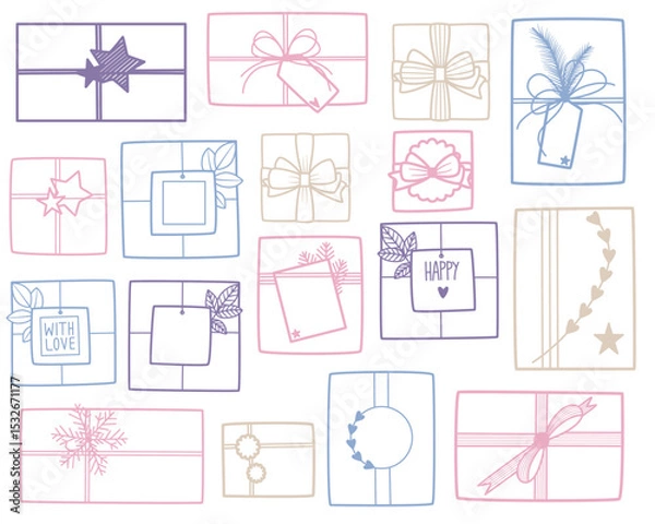 Obraz Set of gift box doodle collection for sale shopping concept, birthday, party, christmas and happy new year. Hand drawn design.