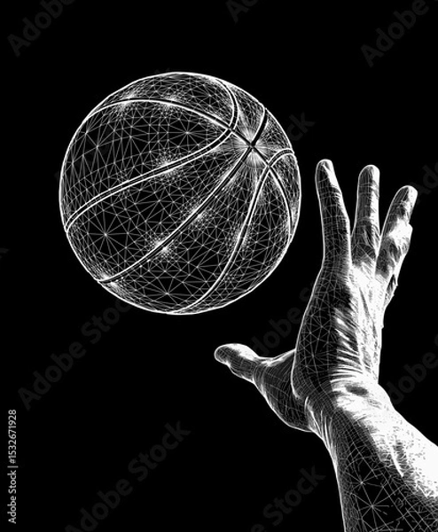 Obraz Detailed digital illustration of a wireframe hand reaching for a basketball, rendered with a realistic feel. Vector illustration