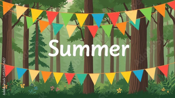Fototapeta "Summer" inscription against the backdrop of a garland of flags in the forest, camping, children's camp, vacation, hike, recreation, trees, cartoon flat illustration