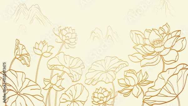 Obraz Hand drawn lotus and mountains background illustration