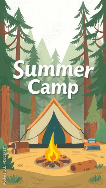 Fototapeta "Summer Camp" inscription on the background of a tent and a fire in the forest, camping, children's camp, vacation, hike, recreation, trees, cartoon flat illustration