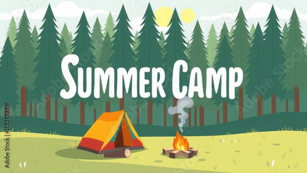 Fototapeta "Summer Camp" inscription on the background of a tent and a fire in the forest, camping, children's camp, vacation, hike, recreation, trees, cartoon flat illustration