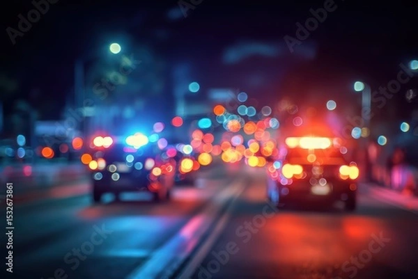 Obraz Police emergency response at night with siren lights and urgent vehicle action, red and blue alarm-lamp flashing in tense urban scene.