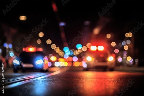 Obraz Blue and Red Police Car Light Bokeh in Nighttime Urban Scene - Emergency Response Motion Blur.