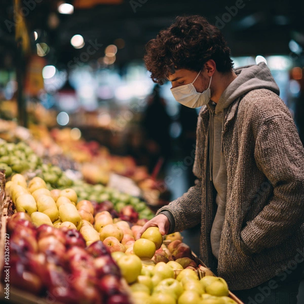 Obraz A man wearing a mask selects fruit at a market with various apples and pears in the foreground display