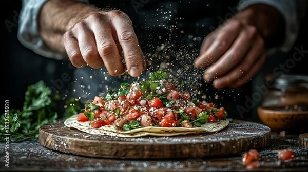 Fototapeta A skilled chef prepares the Mexican national dish, tacos.  The dish appears to be a flatbread topped with diced tomatoes and herbs.