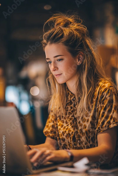 Obraz Young woman with blonde hair in a bun working on a laptop in a dimly lit cafe environment indoors