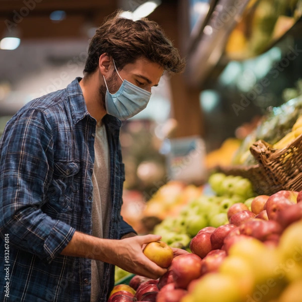 Obraz Man in mask selects an apple at a grocery store with produce and wearing a blue plaid shirt indoors