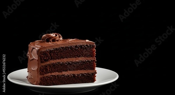 Fototapeta Delicious Slice of Chocolate Cake on Plate Isolated on Black Background Sweet Dessert Treat for Celebrations and Enjoyment