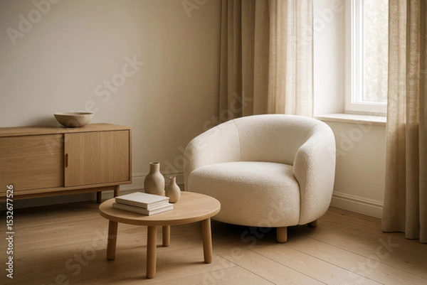 Fototapeta Cozy living room with cream armchair and wooden furniture