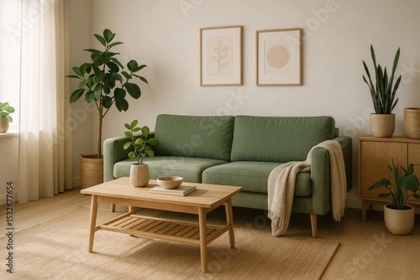 Fototapeta Modern green sofa living room interior design
