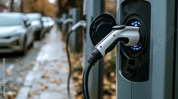 Fototapeta electric car charging at a station, with the charging cable plugged in. The background is blurred, focusing attention on the charging process.