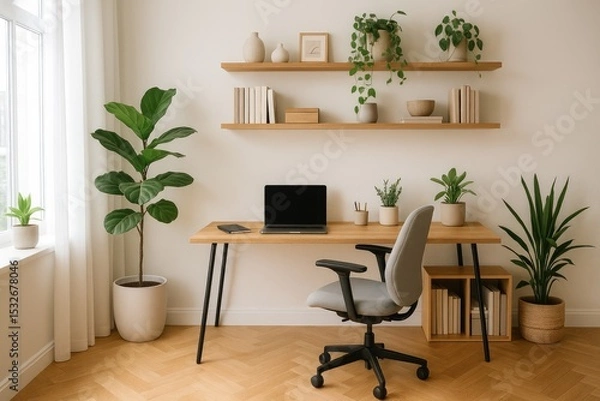 Fototapeta Modern home office workspace minimalist design plants