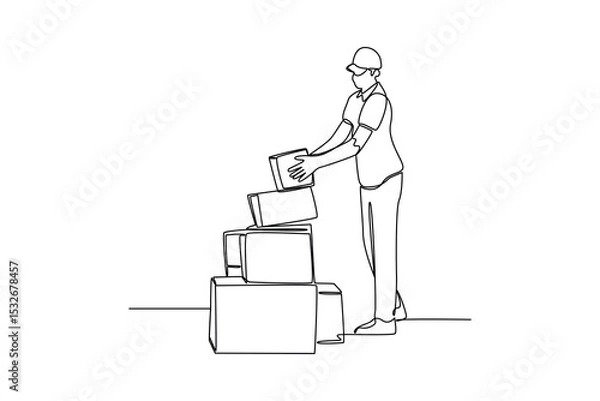 Obraz one continuous line draw of the courier stacks the boxes. Courier activity minimalist concept. Delivery at simple line design.