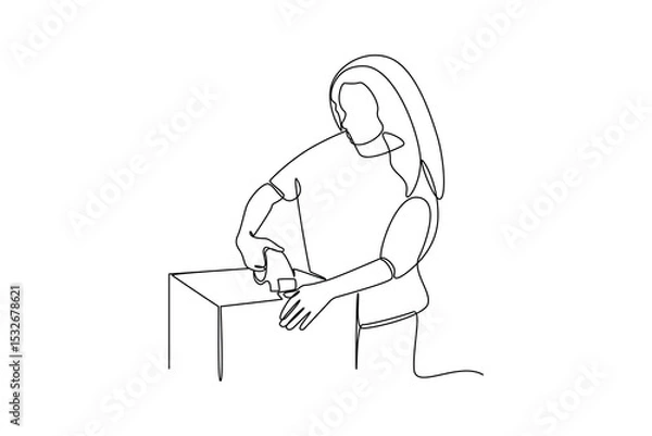 Obraz one continuous line draw of The female courier glued the box with duct tape. Courier activity minimalist concept. Delivery at simple line design.