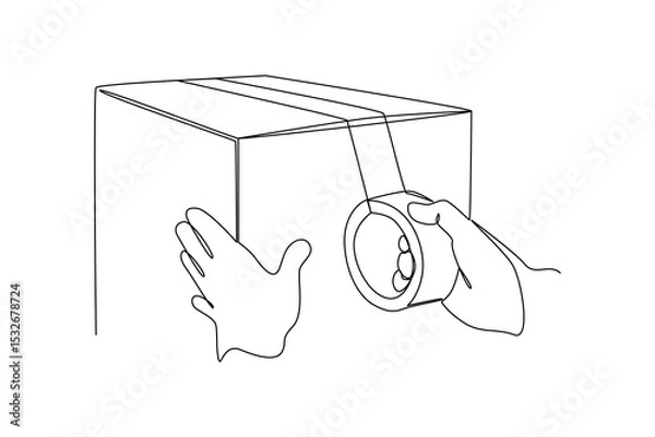 Obraz one continuous line draw of cardboard box packed with duct tape. Courier activity minimalist concept. Delivery at simple line design.