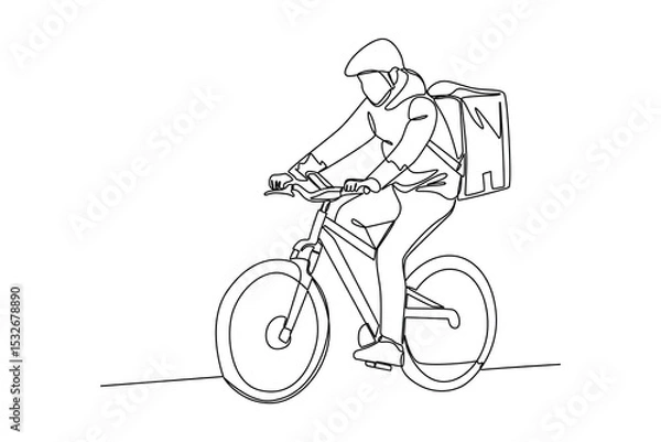 Obraz one continuous line draw of a courier delivers packages by bicycle. Courier activity minimalist concept. Delivery at simple line design.