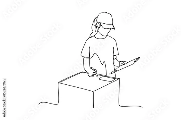 Obraz one continuous line draw of The courier checks the data on the goods. Courier activity minimalist concept. Delivery at simple line design.