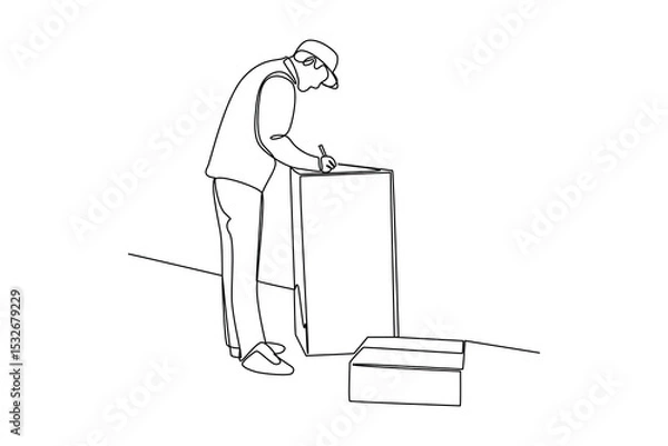 Obraz one continuous line draw of The courier makes a note on the box. Courier activity minimalist concept. Delivery at simple line design.