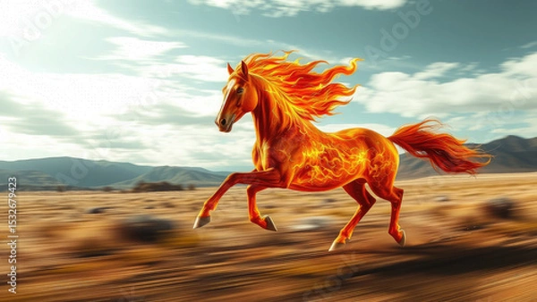 Fototapeta horse with fiery mane and tail gallops across the steppe, symbol of 2026, chinese horoscope, new year of the fire horse, equine