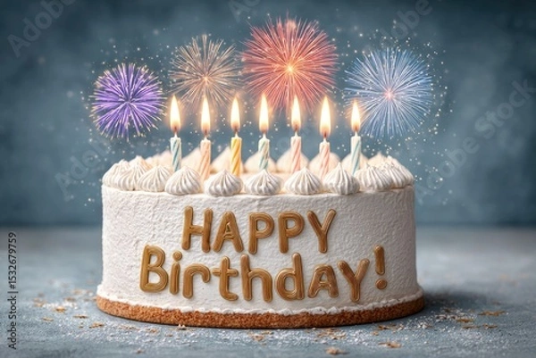 Obraz Birthday Cake with Candles and Fireworks