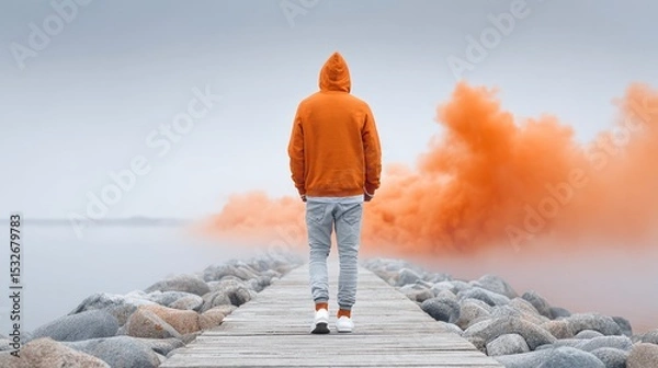 Obraz Man in Orange Hoodie Walking Toward Smoke