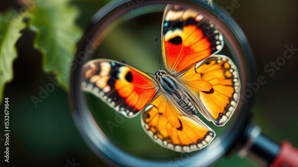 Fototapeta butterfly on flower under magnifying glass, insect, plant, nature, macro video, colorful wings, entomology