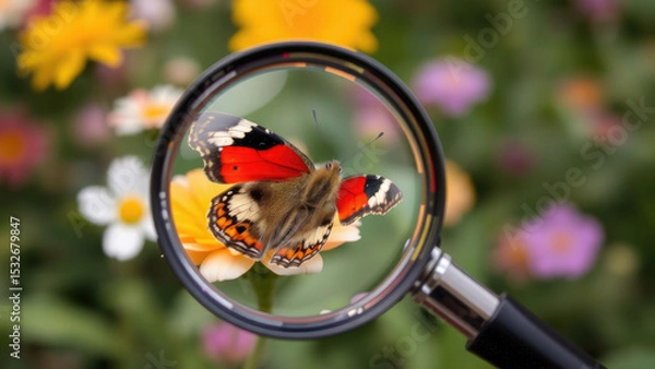 Fototapeta butterfly on flower under magnifying glass, insect, plant, nature, macro video, colorful wings, entomology