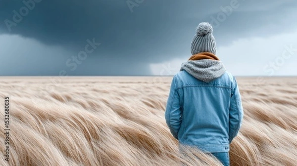 Obraz Person in Stormy Field with Winter Clothes