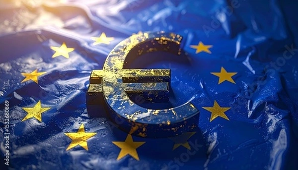 Fototapeta Euro symbol made of metal, set against the backdrop of the European Union flag. The flag's stars and blue color are prominently displayed.
