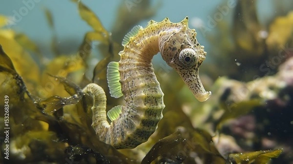 Fototapeta A seahorse curling its tail around seaweed