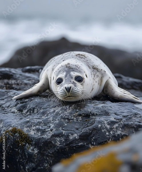 Fototapeta Baby seal resting on rocky shore with soft natural lighting